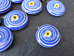 Glass Evil Eye Charm Pendant, Royal Blue White Round Spiral Evil Eye, Lampwork, Amulet, Protective, Lucky, Handmade, 1pc