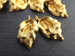 Gold Leaf Pendant Charm, Curly Vine Leaf Pendant, Gold Charms, Artisan Jewelry Making Supplies, Gold Findings, 22k Matte Gold Brass 2pc