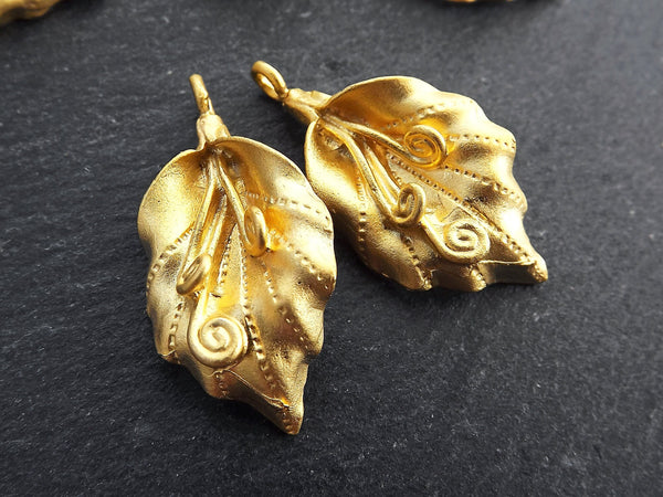 Gold Leaf Pendant Charm, Curly Vine Leaf Pendant, Gold Charms, Artisan Jewelry Making Supplies, Gold Findings, 22k Matte Gold Brass 2pc