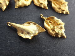 Gold Leaf Pendant Charm, Curly Vine Leaf Pendant, Gold Charms, Artisan Jewelry Making Supplies, Gold Findings, 22k Matte Gold Brass 2pc