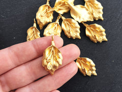 Gold Leaf Pendant Charm, Curly Vine Leaf Pendant, Gold Charms, Artisan Jewelry Making Supplies, Gold Findings, 22k Matte Gold Brass 2pc