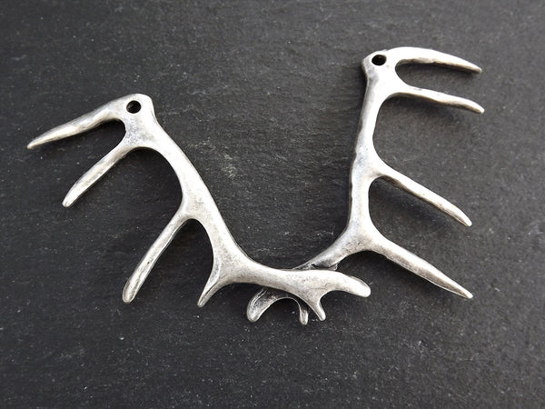 Silver Antler Pendant, Deer Antler Necklace Pendant Connector, Matte Antique Silver Plated, 1PC
