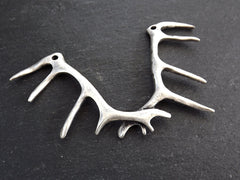 Silver Antler Pendant, Deer Antler Necklace Pendant Connector, Matte Antique Silver Plated, 1PC