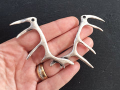 Silver Antler Pendant, Deer Antler Necklace Pendant Connector, Matte Antique Silver Plated, 1PC