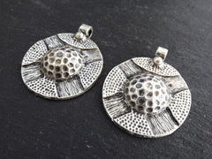 Round Tribal Ethnic Medallion Round Dome Pendants, Matte Antique Silver Plated, 2pc