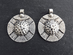 Round Tribal Ethnic Medallion Round Dome Pendants, Matte Antique Silver Plated, 2pc