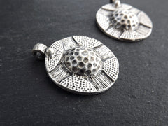 Round Tribal Ethnic Medallion Round Dome Pendants, Matte Antique Silver Plated, 2pc