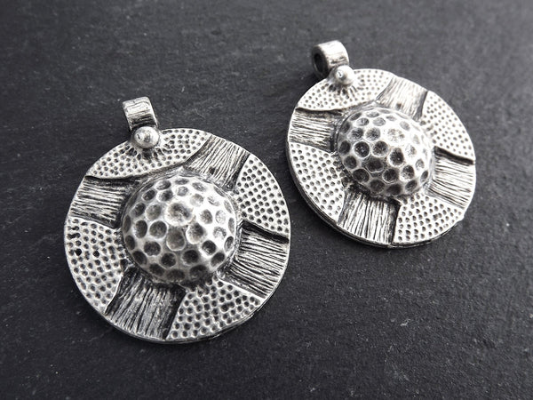 Round Tribal Ethnic Medallion Round Dome Pendants, Matte Antique Silver Plated, 2pc