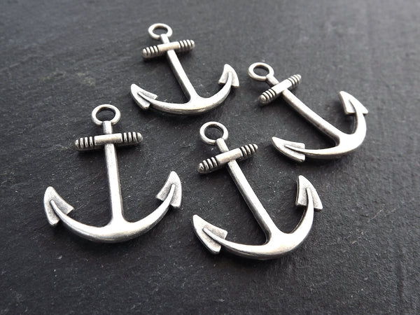 4 Large Anchor Pendant Charms, Anchor Drop Charm, Nautical Charms, Marine Sea Jewelry Supplies, Matte Antique Silver Plated