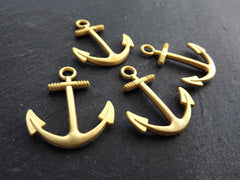 4 Large Anchor Pendant Charms, Anchor Drop Charm, Nautical Charms, Marine Sea Jewelry Supplies, 22k Matte GoldPlated