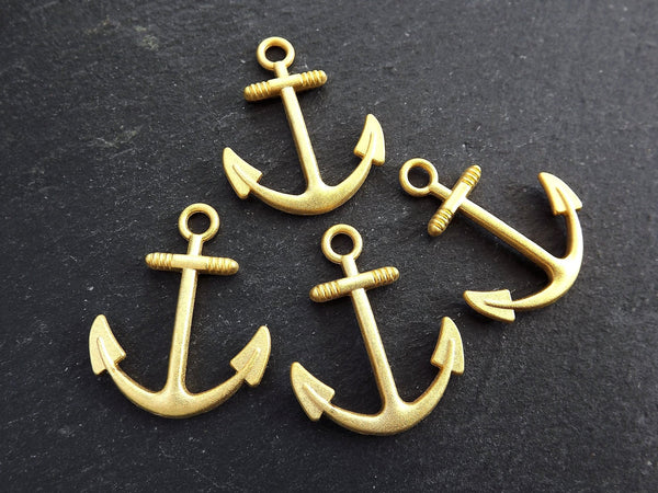 4 Large Anchor Pendant Charms, Anchor Drop Charm, Nautical Charms, Marine Sea Jewelry Supplies, 22k Matte GoldPlated