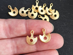 10 Mini Tribal Ethnic Charm Pendants, Hole Scoop Drop Bracelet Earring Charms, 22k Matte Gold Plated Brass