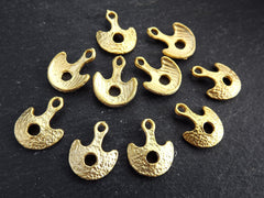 10 Mini Tribal Ethnic Charm Pendants, Hole Scoop Drop Bracelet Earring Charms, 22k Matte Gold Plated Brass