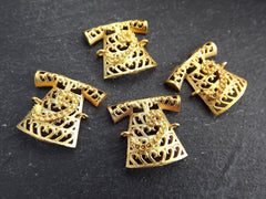 Small Filigree Turkish Ottoman Caftan Connector Pendant Charms, WAW Arabic Letter, 22k Matte Gold Plated - 4pc