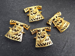 Small Filigree Turkish Ottoman Caftan Connector Pendant Charms, WAW Arabic Letter, 22k Matte Gold Plated - 4pc