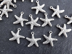 Tiny Silver Starfish Charms, Beach Star, Nautical Marine Pendant, Star fish, Animal Bracelet Charms, Matte Antique Silver Plated 10pcs