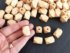 Hexagon Wood Bead Natural Beige Wooden Beads, Large Long Facet Wooden Geometric Bead Spacers, Satin Varnished, 21x14mm 6pcs