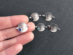 5 Rustic Hammered Warped Disc Charm Connectors with Royal Blue Glass Accent, Silver Charm, Bracelet Charm, Boho, Matte Antique Silver Plated