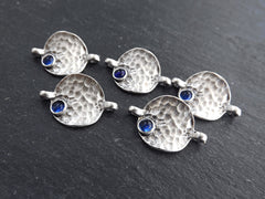 5 Rustic Hammered Warped Disc Charm Connectors with Royal Blue Glass Accent, Silver Charm, Bracelet Charm, Boho, Matte Antique Silver Plated