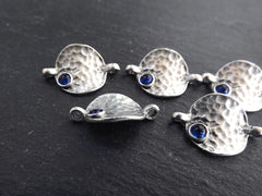 5 Rustic Hammered Warped Disc Charm Connectors with Royal Blue Glass Accent, Silver Charm, Bracelet Charm, Boho, Matte Antique Silver Plated