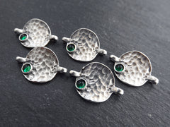 5 Rustic Hammered Warped Disc Charm Connectors with Green Glass Accent, Silver Charm, Bracelet Charm, Boho, Matte Antique Silver Plated