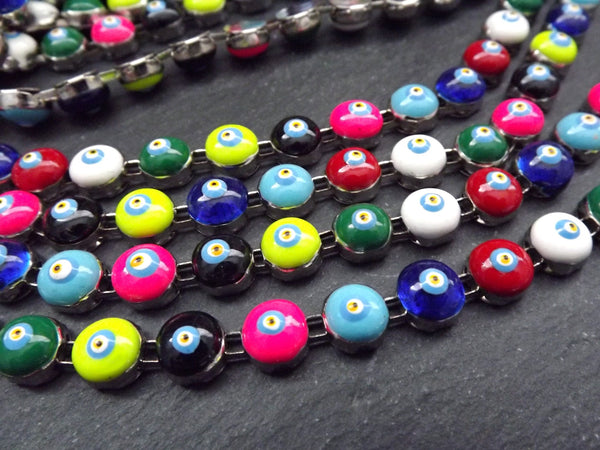 Silver Multicolor Evil Eye Bead Chain, Fun Chunky Enamel Eye Link Chain for jewelry making, 50cm