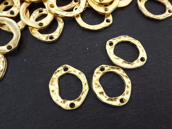 Gold Hammered Organic Ring Connector Pendant, Oval Hoop Loop Link with Holes, 22k Matte Gold, 3PC