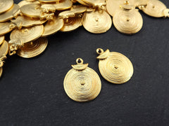 Round Gold Coin Tribal Charms, Ethnic Spiral Disc Pendant,  22k Matte Gold Plated, 2pc