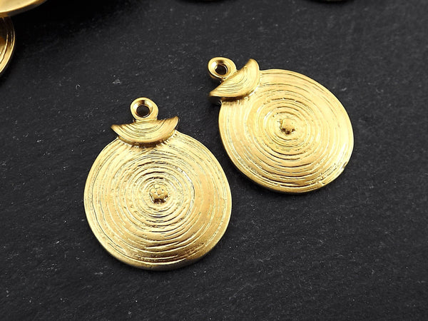 Round Gold Coin Tribal Charms, Ethnic Spiral Disc Pendant,  22k Matte Gold Plated, 2pc