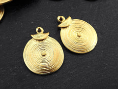 Round Gold Coin Tribal Charms, Ethnic Spiral Disc Pendant,  22k Matte Gold Plated, 2pc