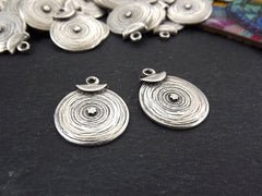 Round Silver Coin Tribal Charms, Ethnic Spiral Disc Pendant, Matte Antique Silver Plated, 2pc