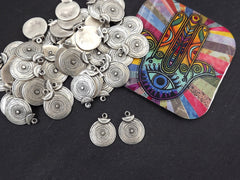 Round Silver Coin Tribal Charms, Ethnic Spiral Disc Pendant, Matte Antique Silver Plated, 2pc