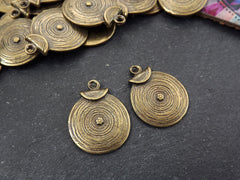 Round Bronze Coin Tribal Charms, Ethnic Spiral Disc Pendant, Antique Bronze Plated, 2pc