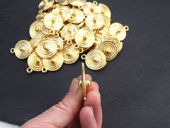 Round Spiral Coin Pendant, Tribal Disc Ball Drop Charms, Ethnic Jewelry Making Supplies, 22k Matte Gold Plated, 1pc