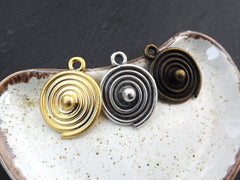 Round Spiral Coin Pendant, Tribal Disc Ball Drop Charms, Ethnic Jewelry Making Supplies, 22k Matte Gold Plated, 1pc