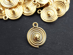 Round Spiral Coin Pendant, Tribal Disc Ball Drop Charms, Ethnic Jewelry Making Supplies, 22k Matte Gold Plated, 1pc