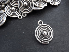 Spiral Coin Pendant, Tribal Ball Dot Charms, Ethnic Spiral Disc Pendant, Matte Antique Silver Plated, 1pc