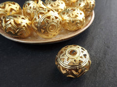 Large Flat Filigree Saucer Bead, lightweight Hollow Statement Spacer, Indian Patterned, 22k Matte Gold Plated, 1pc