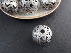 Large Flat Filigree Saucer Bead, lightweight Hollow Statement Spacer, Indian Patterned, Matte Antique Silver Plated, 1pc