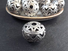 Large Flat Filigree Saucer Bead, lightweight Hollow Statement Spacer, Indian Patterned, Matte Antique Silver Plated, 1pc