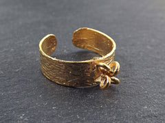 Rustic Textured Costume Ring Base Blank with 4 loops - Adjustable Thin Band -  Turkish 22k Matte Gold Plated Brass
