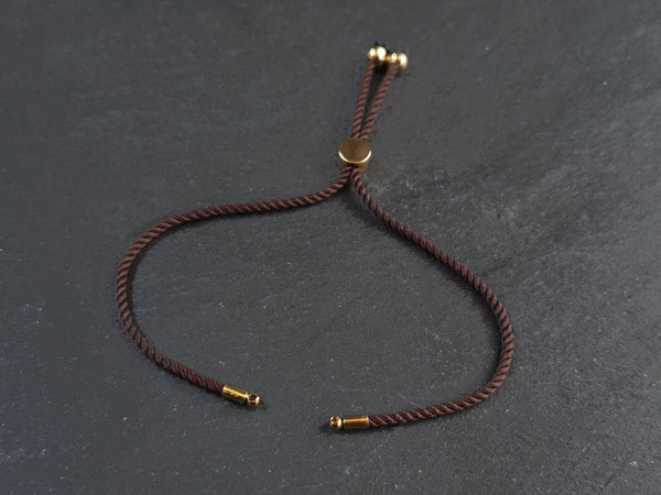 Brown Adjustable Rope Slider Bolo Bracelet Blanks, 2mm Rope Cord Bracelets with Sliding Bead, Gold Findings, 1pc