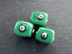 Glass Evil Eye Beads Emerald Green Square, Protective Turkish Nazar Amulet Talisman, Good Luck, Necklace Bead, 10mm, 3pc