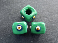 Glass Evil Eye Beads Emerald Green Square, Protective Turkish Nazar Amulet Talisman, Good Luck, Necklace Bead, 10mm, 3pc