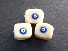 Cream Square Evil Eye Beads, Protective Turkish Nazar Amulet Talisman, Good Luck, Necklace Bead, 10mm, 3pc