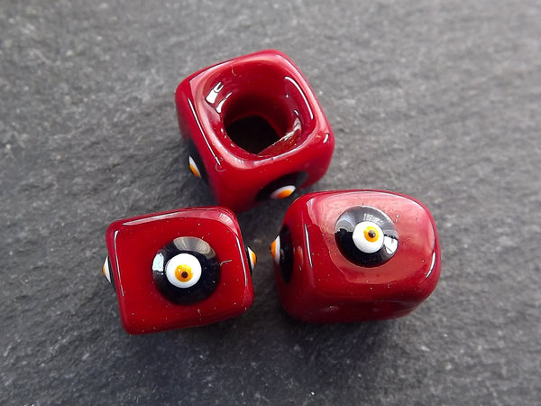 Crimson Red Square Evil Eye Beads, Protective Turkish Nazar Amulet Talisman, Good Luck, Necklace Bead, 10mm, 3pc