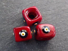 Crimson Red Square Evil Eye Beads, Protective Turkish Nazar Amulet Talisman, Good Luck, Necklace Bead, 10mm, 3pc