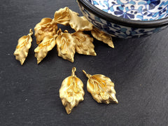 Gold Leaf Pendant Charm, Curly Vine Leaf Pendant, Gold Charms, Artisan Jewelry Making Supplies, Gold Findings, 22k Matte Gold Brass 2pc