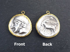 Greek Coin Pendant Gold Frame Bezel, Hermes Coin, Medallion Charm, Thrace Ainos Ancient Greek Coin, Shiny Gold, Antique Silver Plated