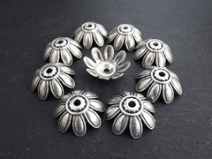 2 Large Silver Flower Bead Cap, 25mm Round Petal Bead Cover, Spacer Beads, Bead Findings, Matte Antique Silver Plated